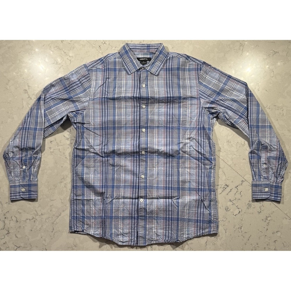 Claiborne Shirt Mens Medium Blue Plaid Button Up Long Sleeve 100% Cotton Casual